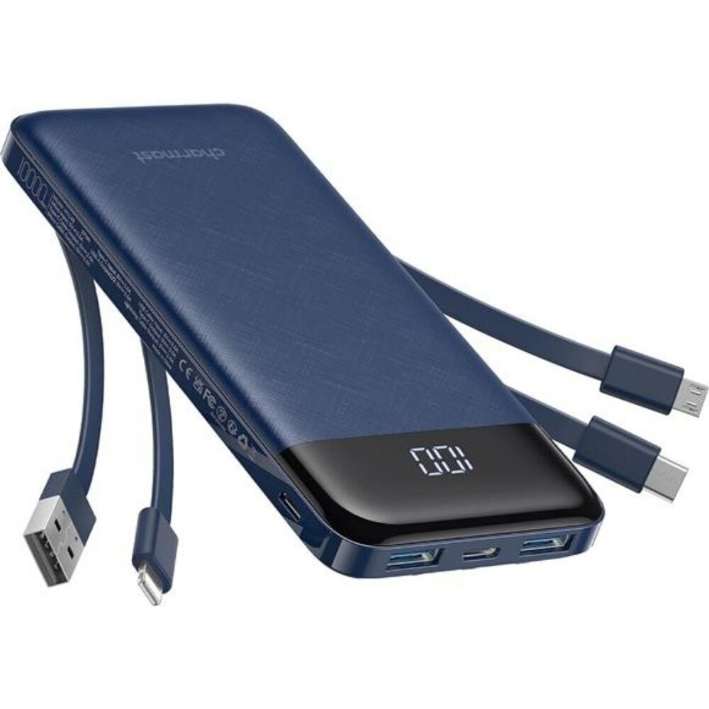 Portable charger 10000mAh slim power bank built in cables for iPhone Android